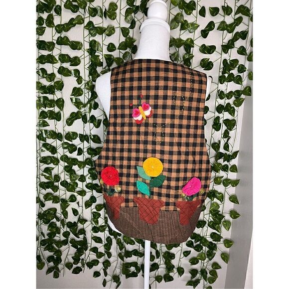 Handmade Brown Tan Checkered Patchwork Fall Cat & 3D Flowers Vest Size Large - Picture 2 of 4